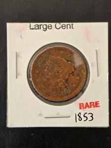 1853 Braided Hair Large Cent, 28.5MM, 10.89G Copper Coin, Heavy Wear, Philadelphia Mint