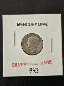 1943 Mercury Dime, 90% Silver, U.S. 10 Cent Coin, Circulated, Designed by Adolph A. Weinman