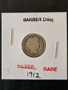 1912 Barber Dime, 90% Silver, Philadelphia Mint, Circulated Condition