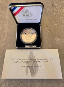2000 Leif Ericson Millennium U.S. Proof Silver Dollar, Box & COA, 90% Silver, 38.1MM