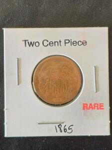 1865 U.S. Two Cent Piece, Circulated Condition, 95% Copper Composition