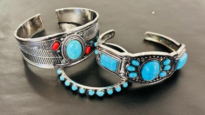 Southwestern Style Silver Cuff Bracelets With Turquoise And Coral Stones, Ornate Hand-Tooled Design