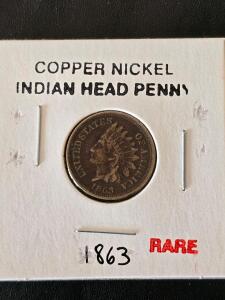 1863 Indian Head Cent Copper-Nickel, United States, No Mint Mark, Civil War Era, 19MM Diameter