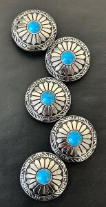 Southwestern Style 2" Turquoise Sunburst Nickel Plated Screw-Back Conchos Set Of 5