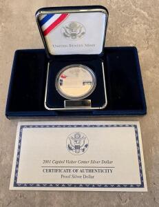 2001 U.S. Capitol Visitor Center Silver Dollar Proof Coin, 90% Silver, Original Packaging