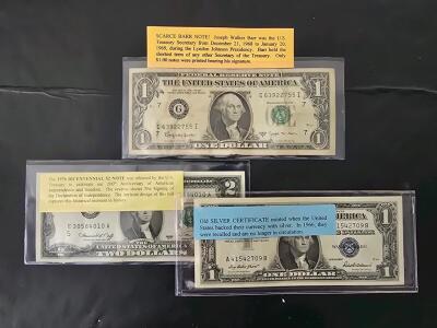 Scarce Barr $1, Bicentennial $2, And 1957 Silver Certificate Historical U.S. Banknotes Collection