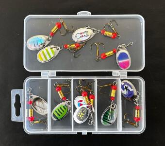 10-Piece Spinnerbait Fishing Lure Set In Plastic Case, Assorted Patterns & Treble Hooks, 1.77" Size