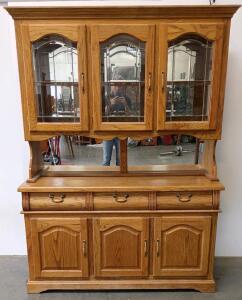 Oak China Cabinet Hutch, 3 Glass Doors, Mirrored Back, 3 Drawers, 3 Cabinets, Brass Hardware