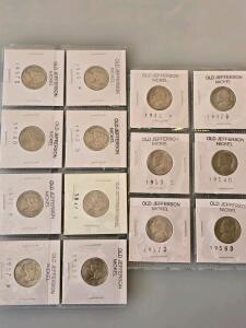 U.S. Jefferson Nickel Collection &ndash; 14 Coins from 1940&ndash;1958, P/D/S Mint Marks