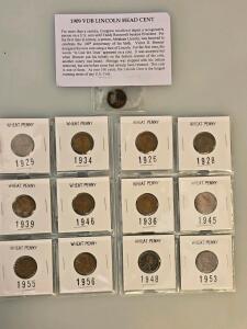 Lincoln Wheat Penny Set: Includes 1909 VDB Cent, 1926&ndash;1956, 13 Coins in Protective Flips