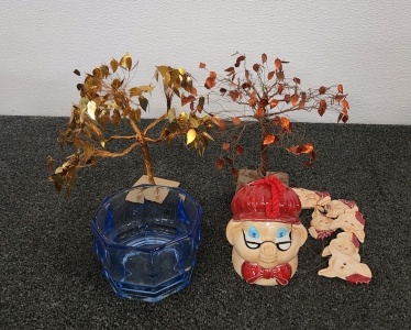 Pig Wind Chime, Blue Dish, and Tree Decor