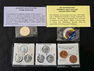 US Mint Coin Collectors Set: Gold-Plated Guam Quarter, WWII Steel Pennies, Colorized Kennedy Half