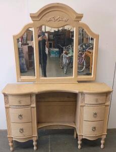 Primrose Lane G0127 Vanity Desk With 3-Panel Mirror, Botany Oak Finish, 6 Drawers, 54" W x 22" D x 31" H