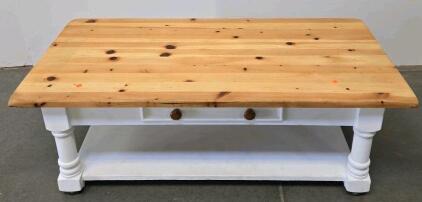 Farmhouse Coffee Table, Solid Wood Top, White Base, Drawer & Shelf, 48"x24"x18"