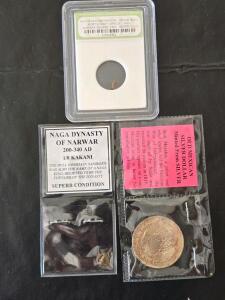 North West Africa Nickel-Iron Meteorite Fragment, Certified By International Numismatic Bureau Naga Dynasty Coin/ Token, And Mexican Silver Dollar