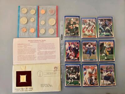 1972 U.S. Mint Coin Sets (P & D), 1985 Nimitz Gold FDC, 1989 Score NFL Cards