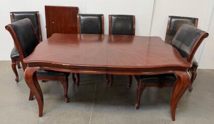 Vintage Dining Table Set With Cabriole Legs, Includes 6 Chairs With Black Faux Leather Upholstery