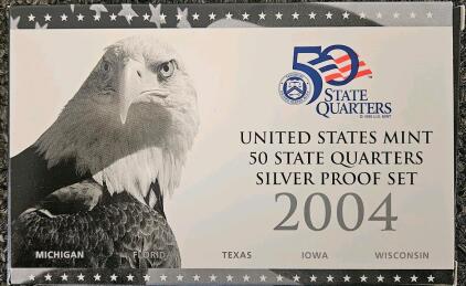 2004 US Mint Silver Proof 50 State Quarters Set - Michigan, Florida, Texas, Iowa, Wisconsin, COA