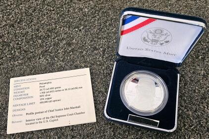 2005 John Marshall Proof Silver Dollar Coin, U.S. Mint Box & COA, Philadelphia, 90% Silver