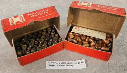 Hornady 9MM .355" 115Gr Hollow Point Bullets, 2 Boxes, Vintage, 200 Count, Copper Jacketed