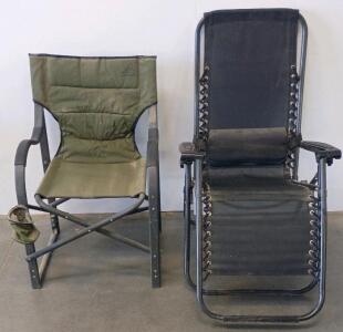 Folding Zero Gravity Recliner Lounge Chair, Black, Steel Frame, Textilene Mesh, 250 lbs Capacity & Green Folding Directors Chair