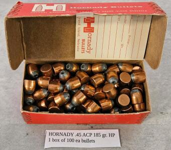 Hornady .45 ACP 185 Grain .451 Hollow Point Bullets &ndash; 100 Count, Copper Jacketed Projectiles
