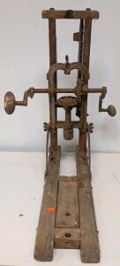 Antique Hand-Crank Post Drill Press, Cast Iron & Wood, Early 1900s Blacksmith Tool