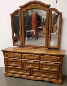 Traditional 8 Drawer Oak Dresser With Large Tri-Fold Mirror, Brass Handles, Ornate Carving
