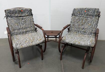 Outdoor Glider Chair Set With Cushions & Side Table, Powder-Coated Steel, Paisley Print