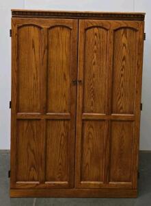 Oak Computer Armoire Desk, 72" Tall, Pull-Out Keyboard Tray, 2 Shelves, 1 Drawer, Cubby Storage