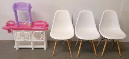 Step2 Pink & Purple Children's Kitchen Playset, 35"x13"x43" Plastic, CPSIA Compliant & Modern White Plastic Chairs With Wooden Legs