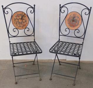 Pair of Folding Wrought Iron Patio Chairs with Decorative Mosaic Tile Backrest, Mediterranean Style