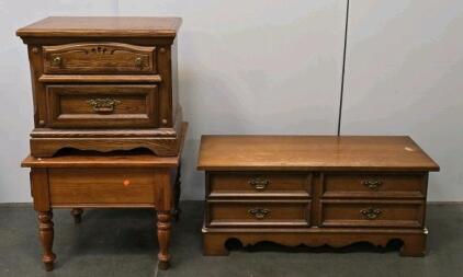 Vintage Wooden Nightstand, End Table, And Coffee Table Set With Ornate Drawer Fronts