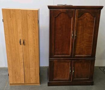 Dark Wood Entertainment Armoire And Light Wood Laminate Utility Storage Cabinet
