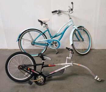 WeeRide Co-Pilot 20" Tag-Along Bike Attachment, Black/Silver, Steel Frame, Seatpost Mount & Raleigh 26" Beach Cruser Bike