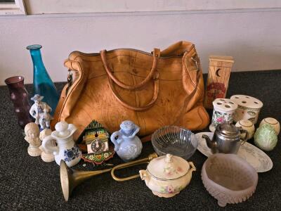 Large Vintage Mixed Decorative Lot &ndash; Tooled Leather Bag, Brass Bugle, Figurines, Glass & Ceramics
