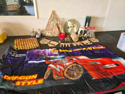 Holiday D&eacute;cor & Craft Lot &ndash; Dragon Style Comforter, Wood Trees, Ornaments, Tree Topper, 20+ Items
