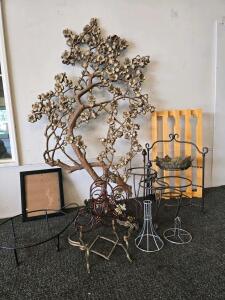Large Decorative Metal Plant Stand & Bottle Rack Lot, Floral Wall Art, Wood Holder, Frame, 9 Pcs
