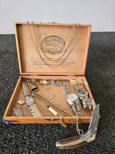 Fossati Quartz Watch, Winchester Folding Knife, Gold/Silver Chains, Rings & Padron Cigar Box Lot