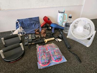 Mixed Lot Household Fitness, Beauty, Remotes, Push-Up Bars, Fan, Slippers, Cup, Bookends