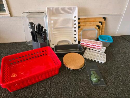 Kitchen Essentials Lot: Farberware Knife Set, Dish Rack, Cutting Boards, Containers, Pans, More