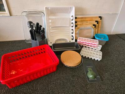 Kitchen Essentials Lot: Farberware Knife Set, Dish Rack, Cutting Boards, Containers, Pans, More