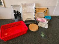 Kitchen Essentials Lot: Farberware Knife Set, Dish Rack, Cutting Boards, Containers, Pans, More