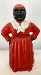 Vintage Cast Iron Aunt Jemima Mammy Coin Bank, USA, 1920s&ndash;1940s, 6.5" Tall, Red Dress