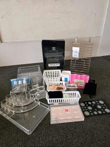 Assorted Home & Office Organizers: Casa Curate Acrylic 3-Tier Organizer, Crafter's Square Pink Storage Boxes, Metal Over-Cabinet Rack, Storage Baskets, and More