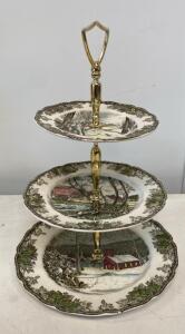 Johnson Bros "The Friendly Village" Three-Tier Cake Stand, England, The School House Pattern
