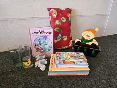 Disney & Sesame Street Children's Book Lot w/ Figurines, Coca-Cola Glass, Pillow, Holiday Decor