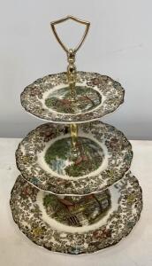 Johnson Bros Mill Stream Three-Tier Serving Tray with Hand-Engraved Mill Scene