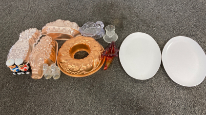 Salt Shakers, Cake Molders, Plates, And Assorted Kitchenware