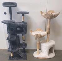 2 Cat Trees &ndash; Large Dark Grey Multi-Level Condo & Modern Natural Wicker Cat Tower
